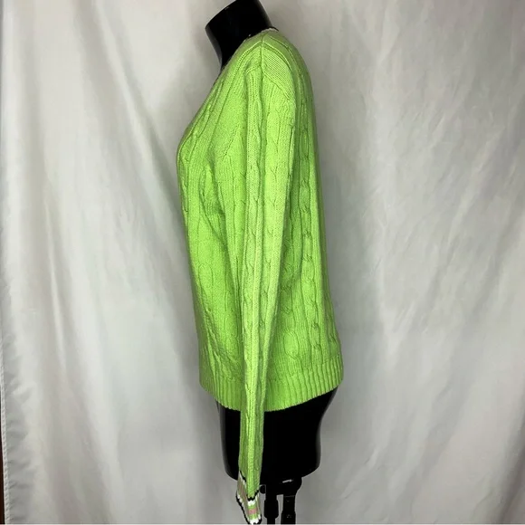 VINTAGE Preppy Lime Green Cable-Knit V-Neck Sweater with Striped Trim - Picture 7 of 11
